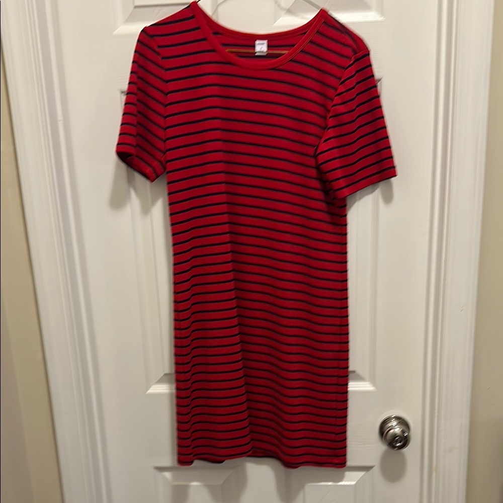 Old Navy Red and Navy Midi Dress Casual Crew Neck Short Sleeve